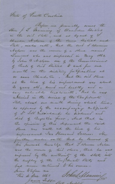 Owner's proof on claim for slave lost in public service, 1863-12-04. Creator: Unknown.
