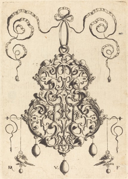 Strapwork Pendant with Two Birds as Earrings at Left and Right. Creator: Daniel Mignot.