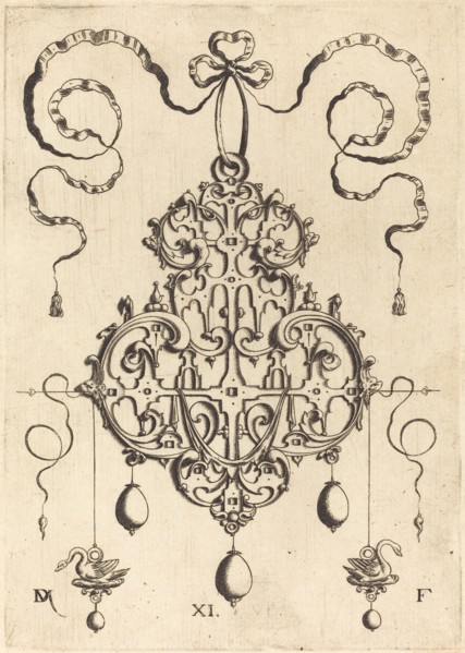 Strapwork Pendant with Two Swans as Earrings at Left and Right. Creator: Daniel Mignot.