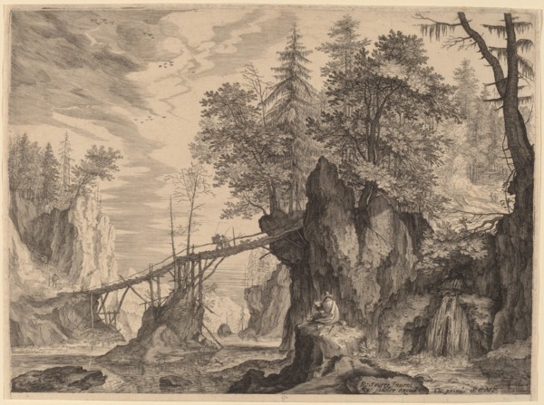 Draughtsman on a Stone before a Bridge, probably c. 1609. Creator: Aegidius Sadeler II.