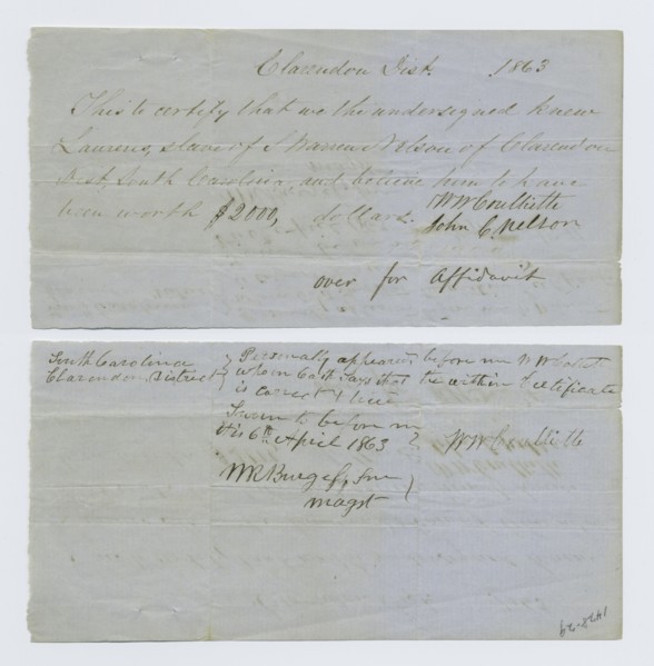 Certification of witnesses that Laurens was worth $2,000, 1863-04-06. Creator: Unknown.