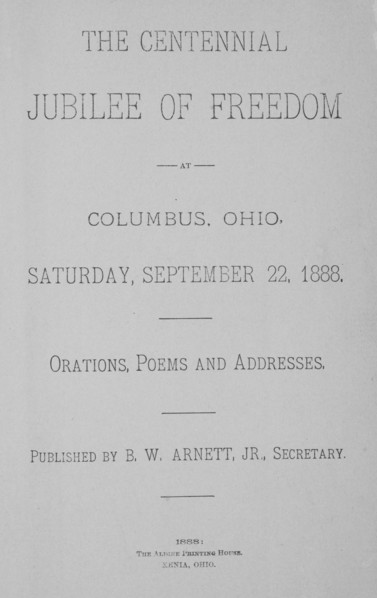 The Centennial Jubilee of Freedom at Columbus, Ohio, title page, 1888. Creator: Unknown.
