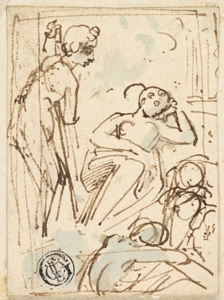 Sketch of Man Leaning on Staff, Looking at Sleeping Woman, n.d. Creator: Thomas Stothard.
