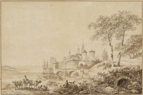 Shepherds in a Landscape before a Fortified Town, 1777. Creator: Jean Baptiste Le Prince.