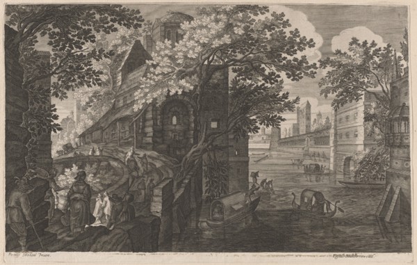 Gondolas on a River by a Palace, 1600/1615. Creators: Aegidius Sadeler II, Pieter Stevens.