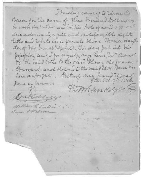 State's conveyance of $500 to Edmund Bacon for slave, Maria, 1818-10-09. Creator: Unknown.