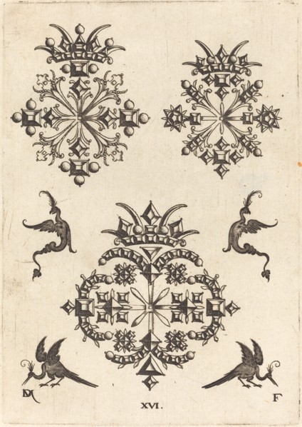 Three Brooches with Fantasy Birds at Left, Right, and Bottom, 1596. Creator: Daniel Mignot.