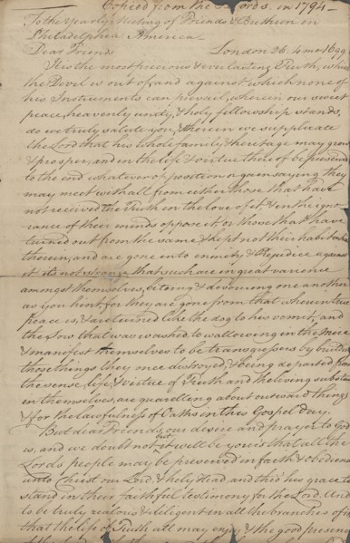 Epistle from the yearly meeting of Friends Brethren in Philadelphia, 1699. Creator: Unknown.