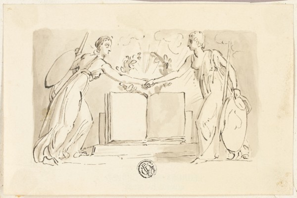 Two Allegorical Female Figures Clasping Hands before Book, 1830/34. Creator: Thomas Stothard.