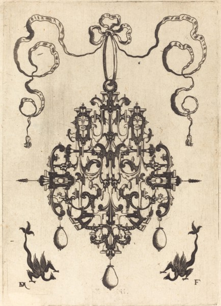 Large Pendant, Two Fantasy Creatures with Long Tails at Bottom, 1596. Creator: Daniel Mignot.