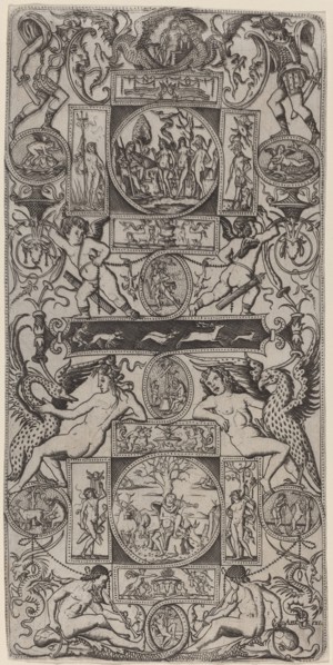 Ornament Panel with Orpheus and the Judgment of Paris, c. 1507. Creator: Nicoletto da Modena.