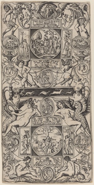 Ornament Panel with Orpheus and the Judgment of Paris, c. 1507. Creator: Nicoletto da Modena.