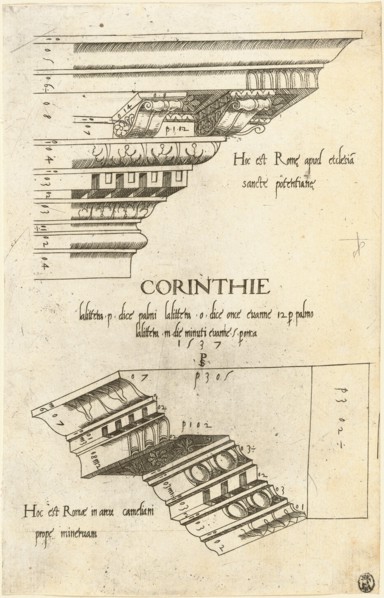 Entablatures from Santa Pudenziana and the Arch of Camigliano, Rome, 1537. Creator: Master PS.