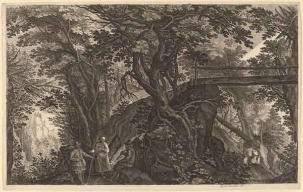 Forest Landscape with Two Men and a Woman Resting near a Bridge. Creator: Aegidius Sadeler II.