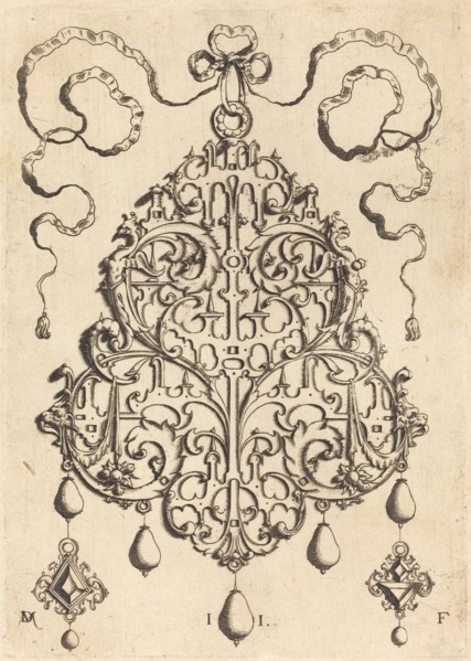 Large Strapwork Pendant with Two Hangers as Earrings at Left and Right. Creator: Daniel Mignot.