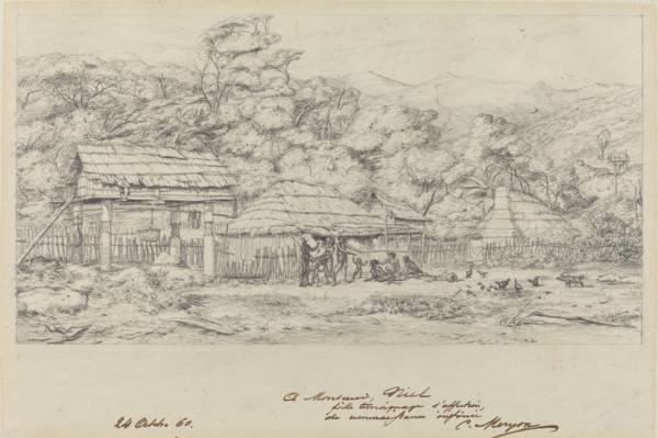 Greniers indigenes et habitations a Akaroa, presqu'Ile de Banks, 1860. Creator: Charles Meryon.