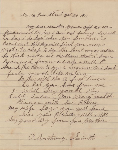 Letter from A. Anthony Smith, an African-American man, to his brother, 1911.  Creator: Unknown.