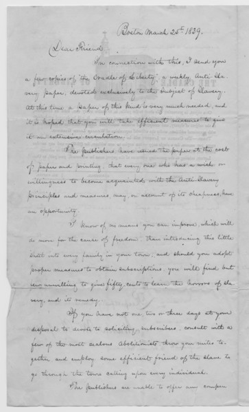 Letter from abolitionist soliciting for Cradle of Liberty distributors, 1839. Creator: Unknown.