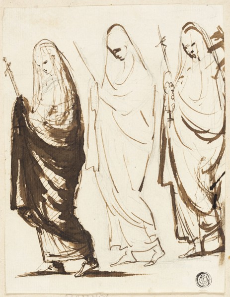 Procession of Three Draped Women Holding Crosses or Sceptres, 1754/1802. Creator: George Romney.