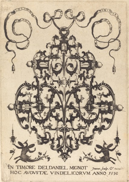 Title Page: Large Pendant, Two Winged Imaginary Figures at Bottom, 1596. Creator: Daniel Mignot.
