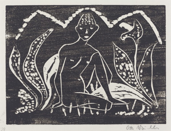 Nude Figure of a Boy in a Landscape (Knabe zwischen Blattpflanzen), 1912. Creator: Otto Mueller.
