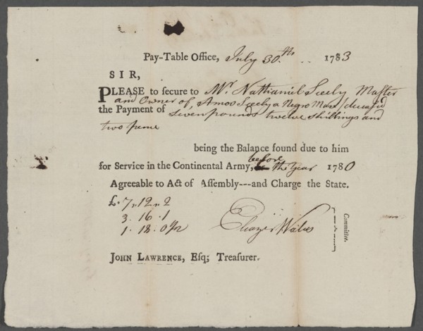 Request for compensation to be paid to Nathaniel Seely for his slave..., 1783. Creator: Unknown.