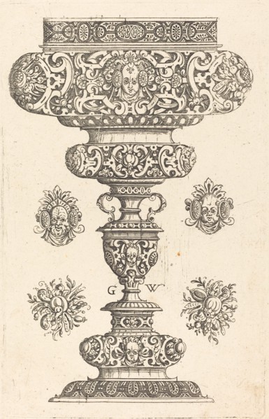 Goblet, rim decorated with masque and bouquet of fruit, published 1579. Creator: Georg Wechter I.