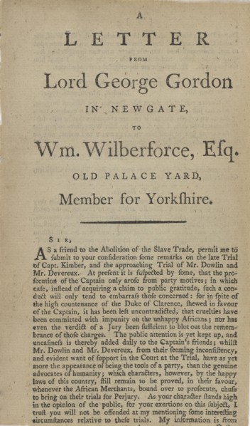 A letter from Lord George Gordon in Newgate, to Wm. Wilberforce, Esq...., 1792. Creator: Unknown.