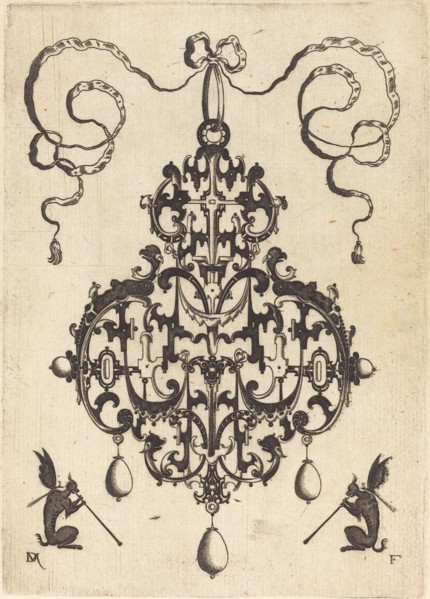 Large Pendant, Two Winged Fantasy Creatures with Trumpets at Bottom, 1596. Creator: Daniel Mignot.