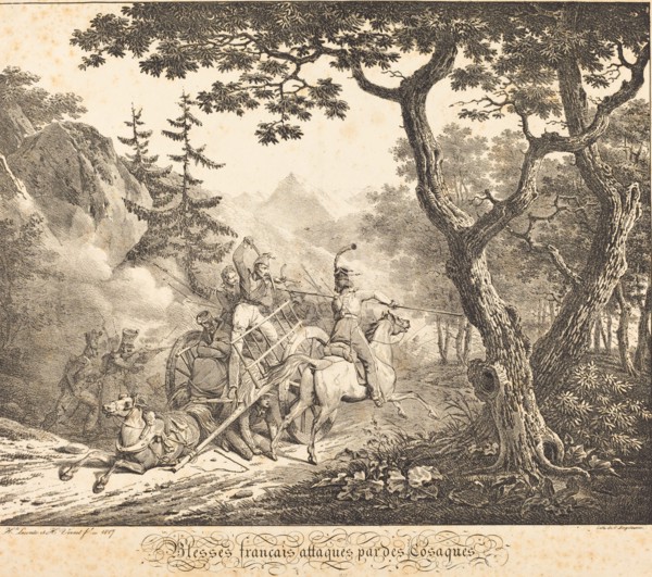 Wounded French Attacked by a Cossack, 1817. Creators: Emile Jean-Horace Vernet, Hippolyte Lecomte.