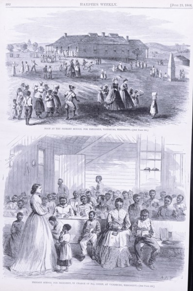 Noon at the Primary school (top) and Primary school for Freedmen..., 1866-06-23. Creator: Unknown.
