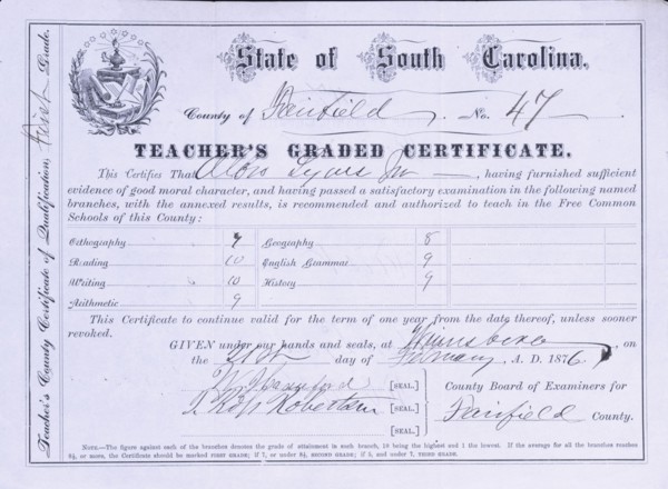 South Carolina Teacher's County Certificate of Qualification, First Grade, 1876.  Creator: Unknown.