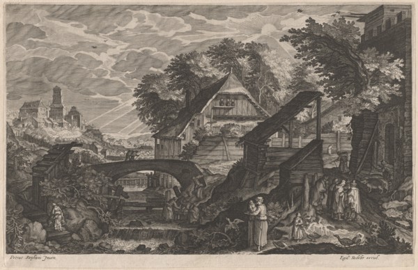 Farm Houses by a River with a City Beyond, 1610/1615. Creators: Aegidius Sadeler II, Pieter Stevens.