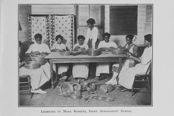 Learning to make baskets; Saint Athanasius' School; [Brunswick, Georgia], (1923?). Creator: Unknown.