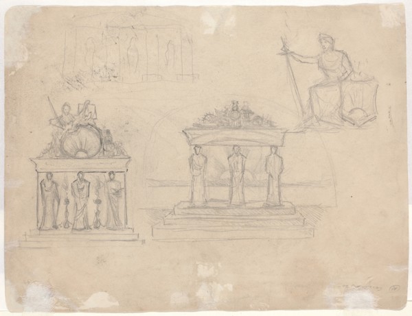 Studies of Classical Temple Facades and Seated Female Figure [verso]. Creator: John William Casilear.