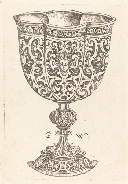 Chalice with six embossings, base decorated with two dolphins, published 1579. Creator: Georg Wechter I.