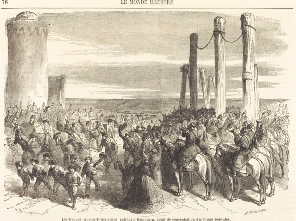 Les troupes Austro-Prussiennes entrant a Hambourg ... [top half], published 1864. Creator: Charles Maurand.