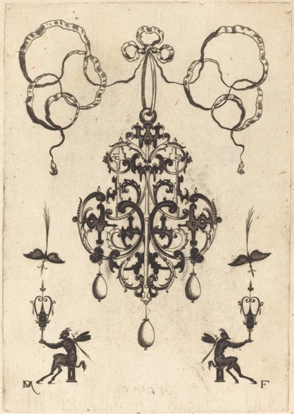 Large Pendant, Lower Left and Right Two Winged "Devils" Sitting on Pedestals, 1596. Creator: Daniel Mignot.