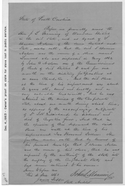 Petition for compensation for slave pressed into military service, Civil War, 1863-12-04. Creator: Unknown.