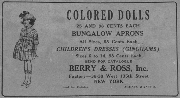 Colored Dolls; Berry & Ross, Inc.; Factory: 36-38 West 135th Street, New York, 1918-1922. Creator: Unknown.