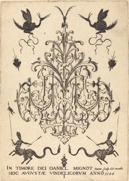Title-Page: Brooch, Snail-like Animals Above, Centaurs with Banners at Bottom, 1596. Creator: Daniel Mignot.