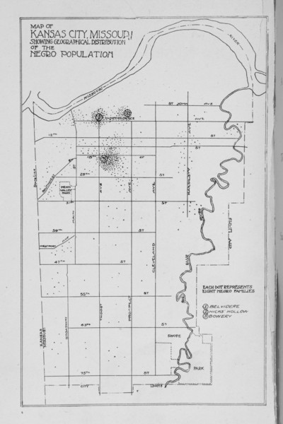 Map of Kansas City, Missouri; Showing geographical distribution on Negro Population, 1913. Creator: Unknown.