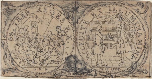 Ornamental Medallions with the Adoration of the Magi and Two Bibliophiles. Creator: Hubert Francois Gravelot.