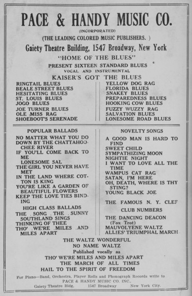Pace & Handy Music Co. [Incorporated]; [The leading Colored music publishers]..., 1918-1922. Creator: Unknown.