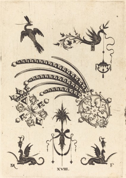 Two Brooches with Bird and Winged Snake at Top and Griffins with Vases at Bottom, 1596. Creator: Daniel Mignot.