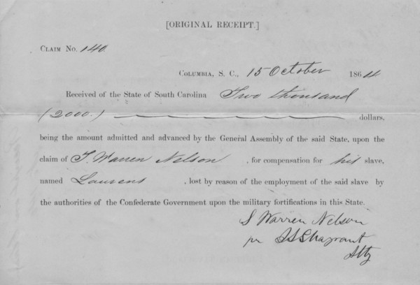 Original receipt for $2,000 compensation obtained by L. Warren Nelson; Columbia..., 1864-10-15. Creator: Unknown.