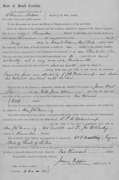Report of South Carolina State Auditor reviewing facts and making settlement of $2,000..., 1863. Creator: Unknown.