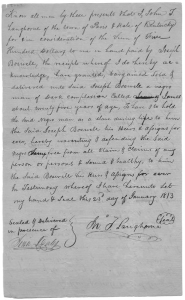 Letter stating that $500 was paid for the purchase of Joseph Boswell, signed by Langhorne, 1813. Creator: Unknown.