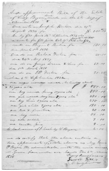 List of estate items, including slaves. Top reads 'And appraisement Bill of the estate..., 1838. Creator: Unknown.