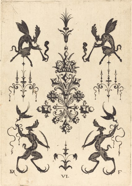 Brooch with Winged Fauns Blowing Trumpets at Top and Fantasy Creatures with Birds..., 1596. Creator: Daniel Mignot.